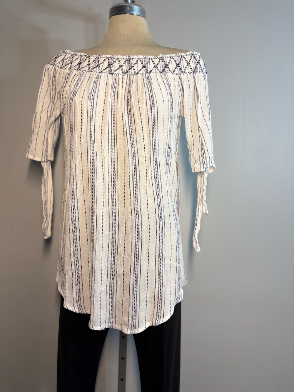 Michaels Cream Tunic with Navy Stripe Off-Shoulder